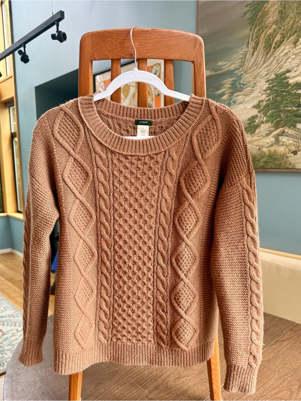J. Crew Cable Knit Crewneck Sweater in Caramel Brown